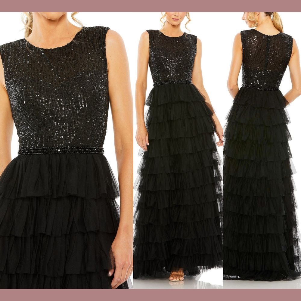 NWT $498 Mac Duggal [ 12 ]‎ 27055 Ruffle Tiered Sequin High Neck Gown Black
